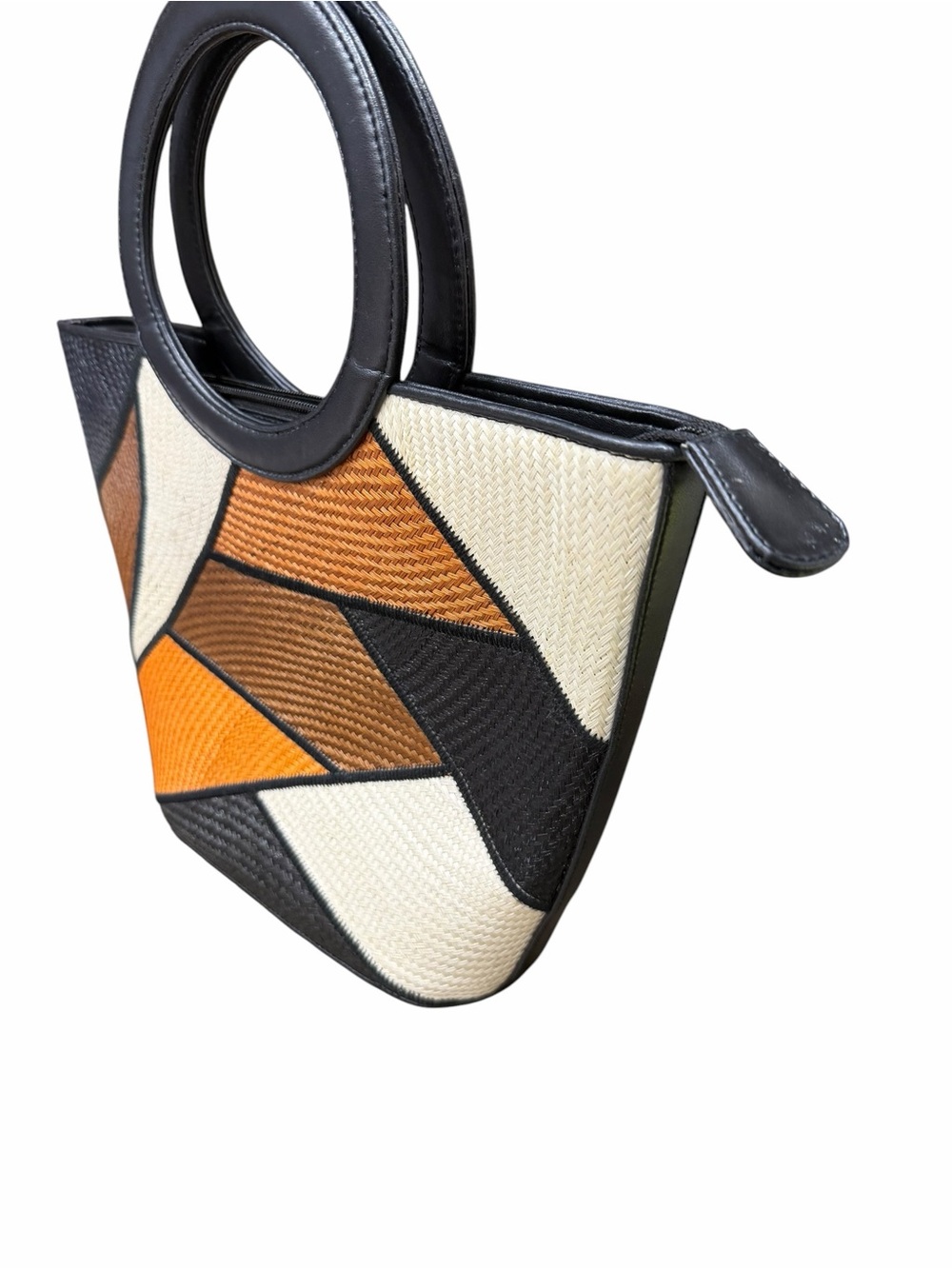 Vintage Le Sac Patchwork Woven Straw, Geometric Color Paneled Bag - Picture 4 of 14